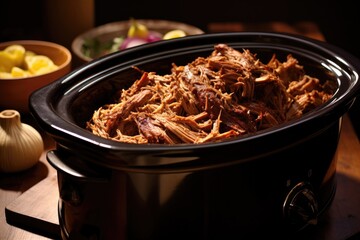 slow cooker filled with tender pulled pork