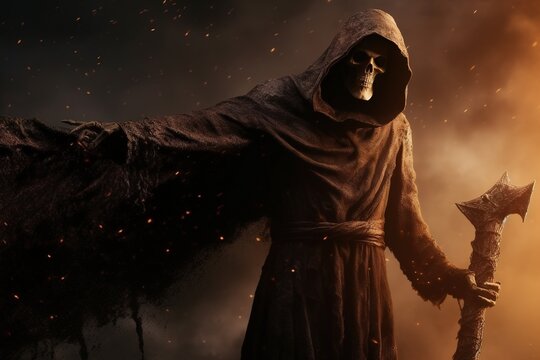 Fantasy scene with a grim reaper in the dark with fire and smoke. generative ai
