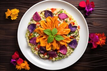 top view of a colorful vegetable risotto presentation