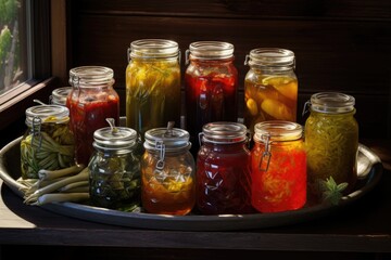 Fototapeta na wymiar glass jars filled with homemade sauces