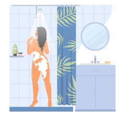 Pretty young woman taking shower at home vector illustration