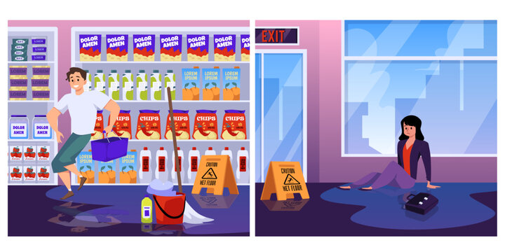 People falling and slipping on wet floor in supermarket and office, flat vector illustration.