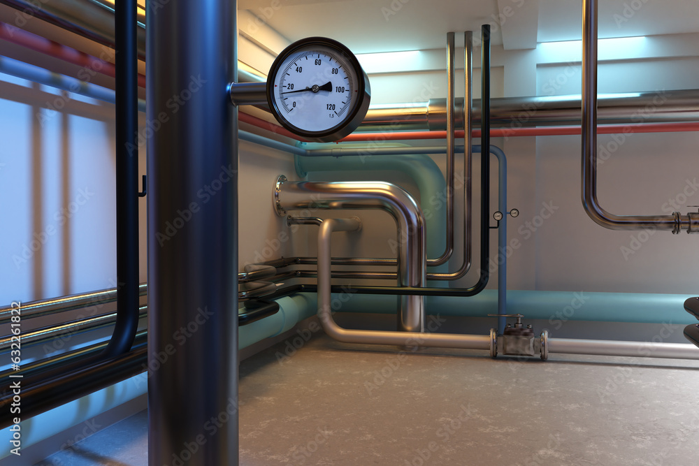 Poster boiler room. pipe with manometer. pipeline in basement. boiler room inside factory. room with engine