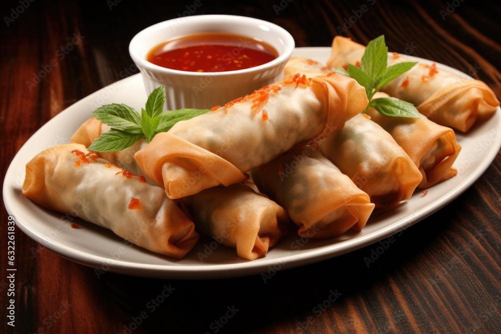Wall mural spring rolls with dipping sauce on a plate - Wall murals