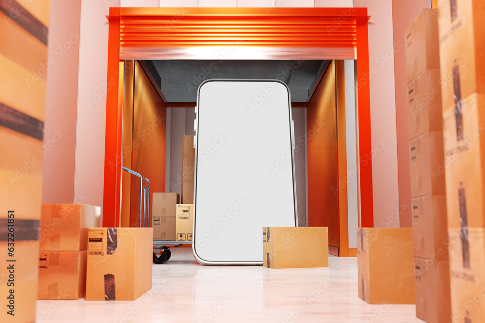 Poster warehouse space. big phone in storage. smartphone mock up. warehouse space with boxes. phone with pl