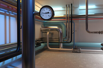Boiler room. Pipe with manometer. Pipeline in basement. Boiler room inside factory. Room with...