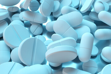 White drugs. Painkillers tablets. Medicines for treatment of diseases. Background with drugs. Pills of various shapes. Backdrop for medical presentation. Paracetamol, aspirin. 3d image