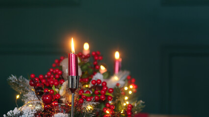 christmas table, christmas deck, festive dinner, table setting has Christmas decorations in the living room, a blurred bokeh on the new year's deck table, a rustic vintage Xmas background
