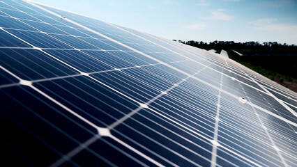 Close-up of modern photovoltaic solar battery. Rows of sustainable energy solar panels installed on...