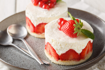 Fraisier is a traditional and classic French Dessert made in summer with Fresh Strawberries closeup on the plate on the table. Horizontal