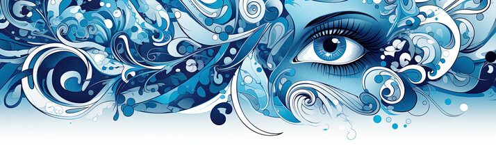 Character illustration with intricate patterns and gradients whose blue eyes are the focal point