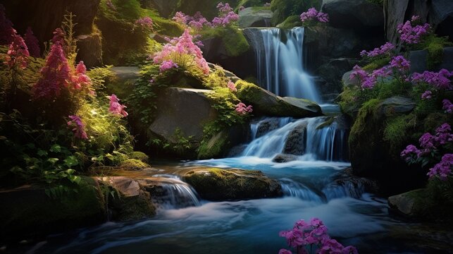  a painting of a waterfall with pink flowers in the foreground.  generative ai