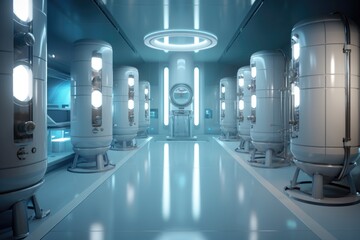 wide shot of a modern cryonics facility with futuristic design