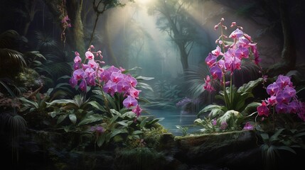  a painting of pink flowers in a forest with a stream.  generative ai