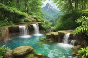 Small waterfall in the midst of nature, green forest, shady atmosphere.generative AI