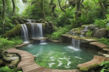 Small waterfall in the midst of nature, green forest, shady atmosphere.generative AI