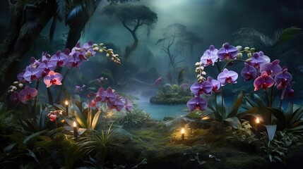  a painting of a forest with purple flowers and fairy lights.  generative ai