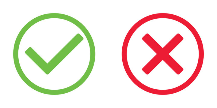 green tick and red x in circle, OK check mark and X cross icon symbol, vector illustration