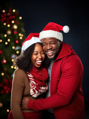 portrait happy african couple with christmas santa hat on dark blur background