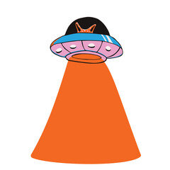 Cartoon cat fly on UFO flying saucer spaceship. T-shirt apparel print design. vector illustration.