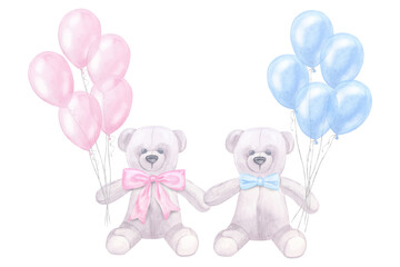 Banner Teddy bears with blue pink bow, balloons, for newborn girl boy. Hand drawn watercolor illustration isolated on white background. Gender reveal party, baby shower