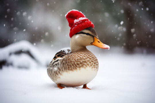 a duck wearing a christmas hat in winter