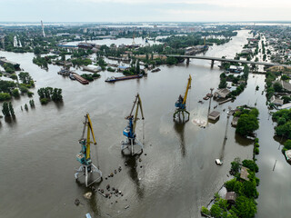 The flooded streets of the city of Kherson after the explosion of the dam of the Kakhovka...