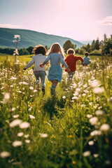 A group of small children running across a flowery meadow in summer 