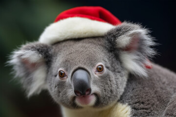 a koala wearing a christmas hat in winter