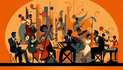 A music-themed illustration featuring diverse workers coming together to create a symphony of work