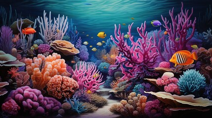 Obraz na płótnie Canvas an underwater scene with corals and other marine life on a blue background. generative ai