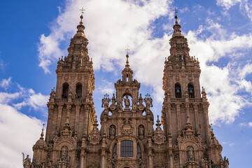 Fototapeta na wymiar View of the bell towers of the main façade of the Cathedral of Santiago de Compostela. Photograph made in Galicia, Spain.