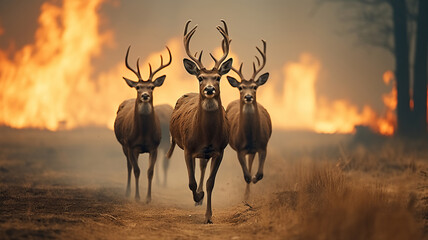 Scared deers family runs away from grassland fire, frightened deers fleeing for save their lives, thick acrid smoke from burning grassland, Generative AI