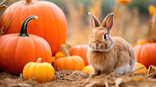 Autumn Harvest: Adorable Rabbit in a Pumpkin Patch AI Generated