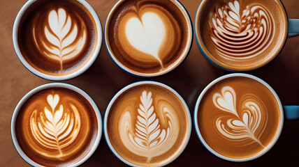 Group of latte coffee cups on wooden table in coffee shop.