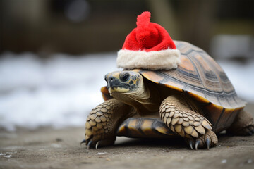 a turtle wearing a christmas hat in winter