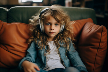 Fototapeta na wymiar teenage child in headphones listens to music. summer. fashion. student. portrait. mental health. personal space. hobby