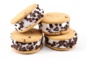 Four round sandwich ice cream with chocolate drops. White background 