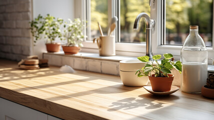 Fototapeta na wymiar Wooden table on a hazy backdrop of a white sink window in a kitchen. Generative AI