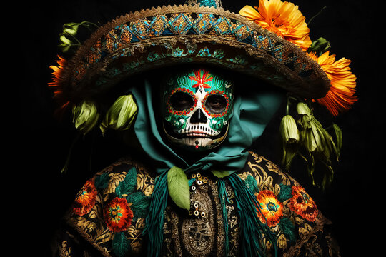 A Woman In A Skeleton Mask And A National Mexican Costume. Day Of The Dead (Dia De Los Muertes) Holiday.. Generative AI	
