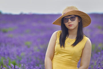Lady in Yellow Dress on a Lavender Field during Summer