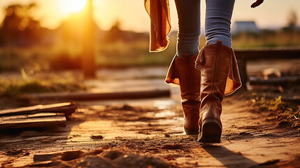 The girl stands on the ranch in cowboy boots and catches the rays of the setting sun. View from below - obrazy, fototapety, plakaty