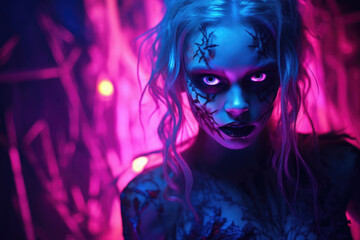 woman with scary halloween blacklight make-up at a party
