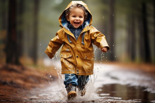 Joyful Little Boy in Raincoat Enjoying the Rain AI Generated