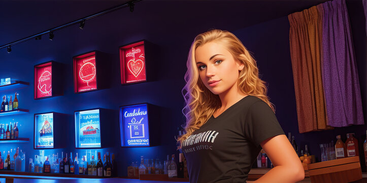 young blonde bartender wearing black t-shirt - Generative AI