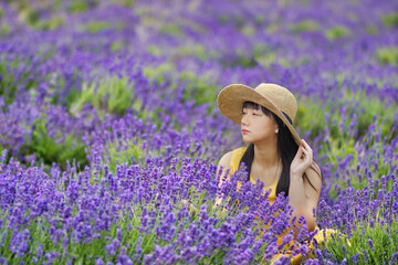 Lady in Yellow Dress on a Lavender Field during Summer