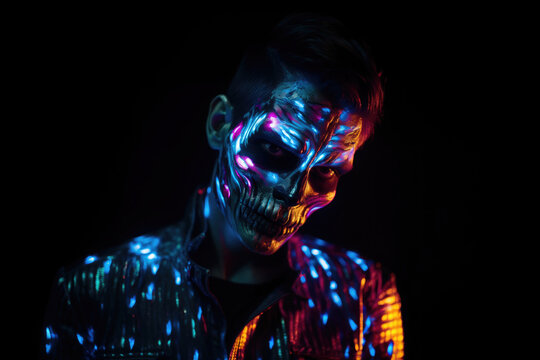 man with scary halloween blacklight make-up at a party