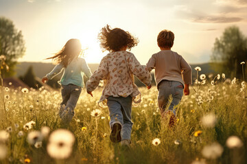 A group of small children running across a flowery meadow in summer 