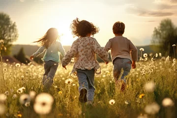 Photo sur Plexiglas Prairie, marais A group of small children running across a flowery meadow in summer 