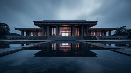 a large modern Chinese traditional villa with a pool in front and a cloudy sky